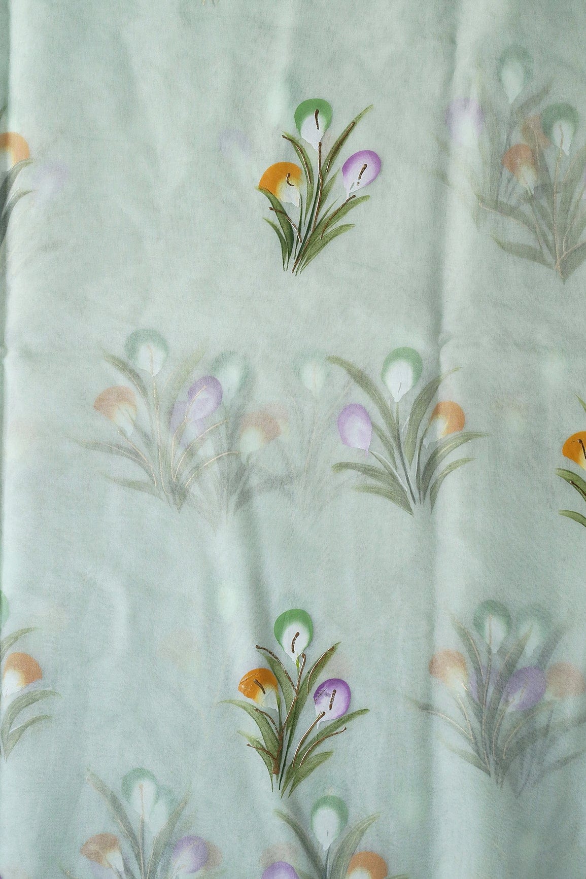 AIzaSyBcstauz-XMPRhEY21AUzeo032pxrXB5Ug - Gorgeous Floral Hand Painted With Foil Work On Sea Green Organza Fabric