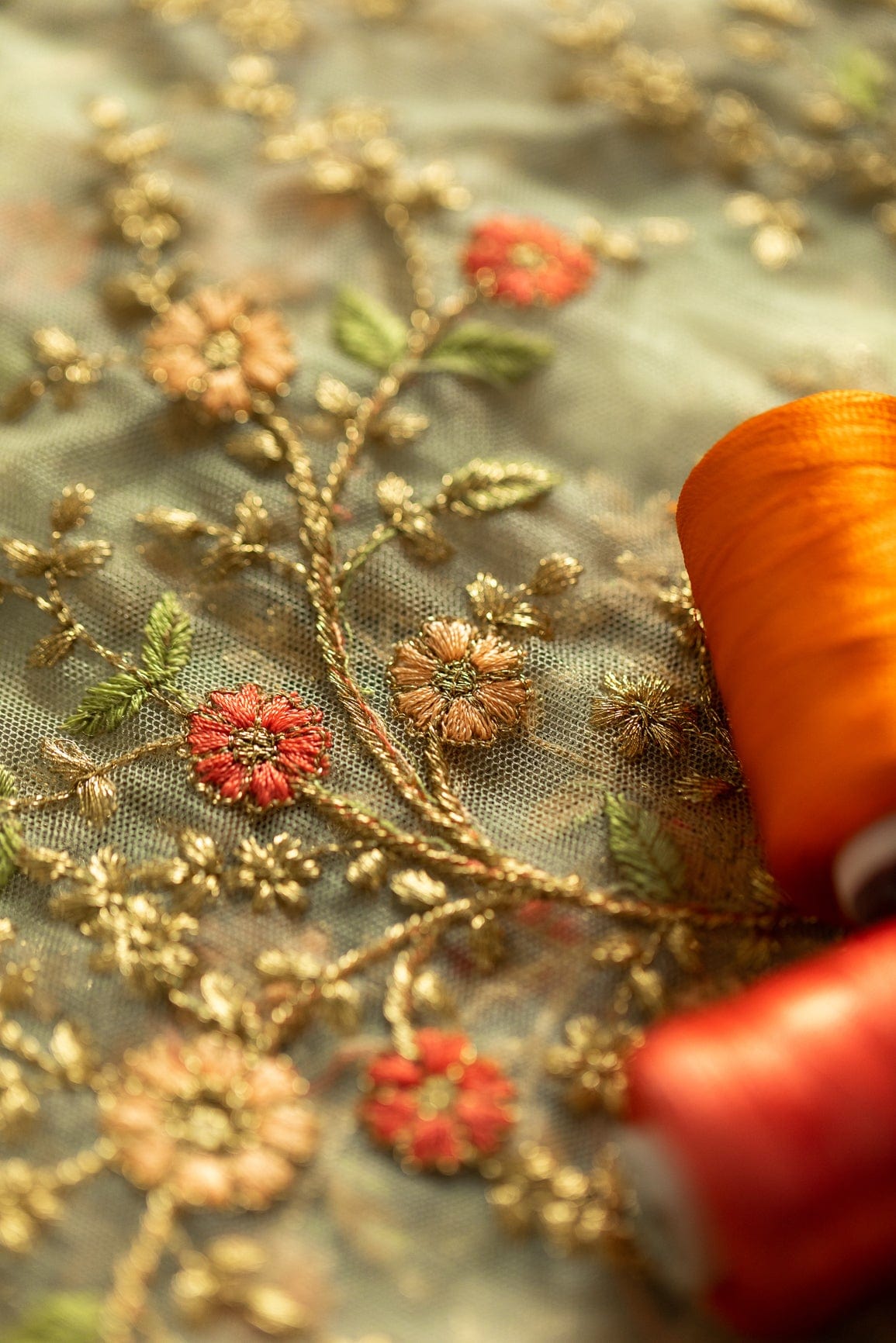 AIzaSyBcstauz-XMPRhEY21AUzeo032pxrXB5Ug - Gorgeous Multi Floral Thread work Embroidery On Olive Soft Net Fabric