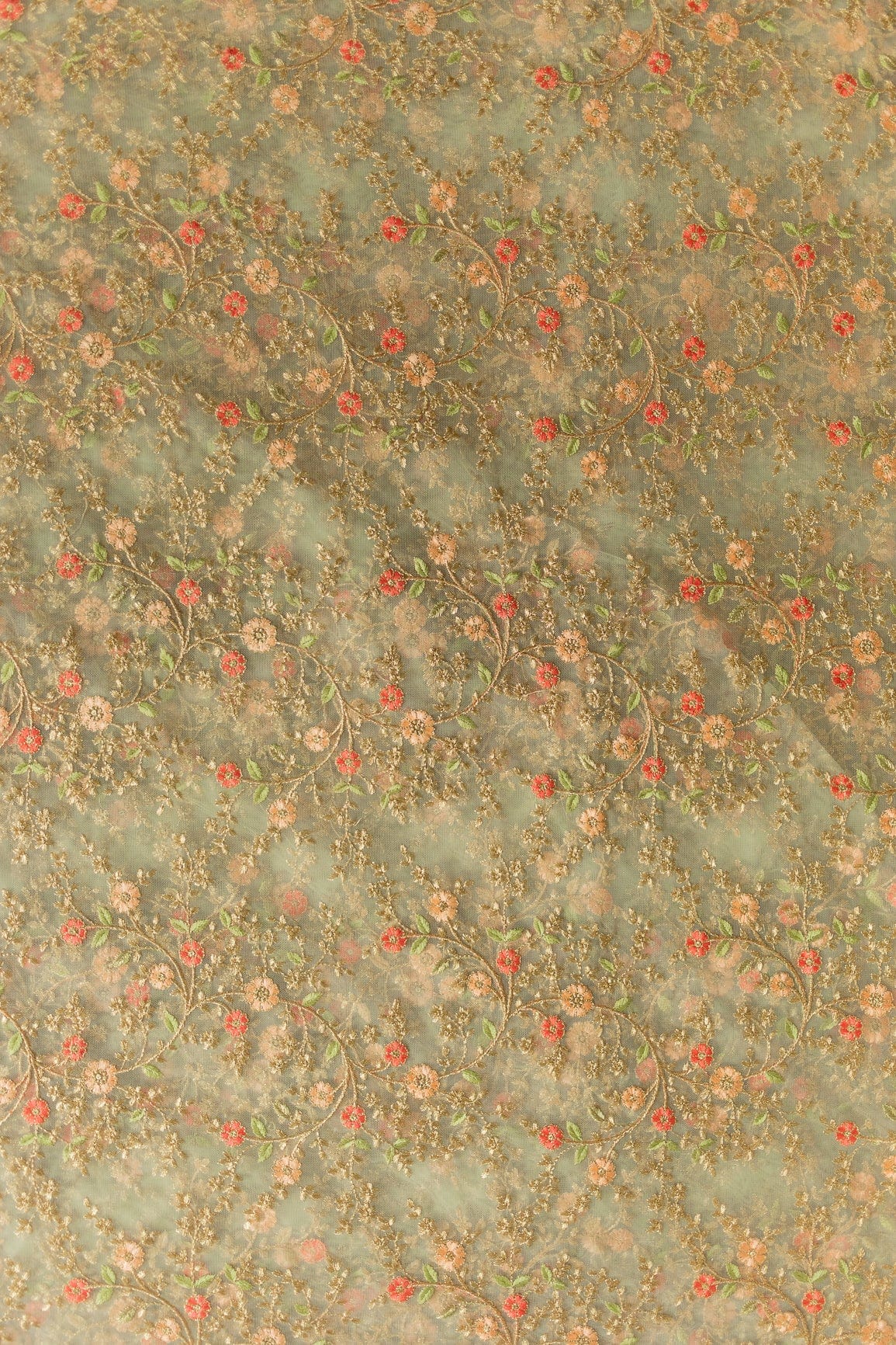 AIzaSyBcstauz-XMPRhEY21AUzeo032pxrXB5Ug - Gorgeous Multi Floral Thread work Embroidery On Olive Soft Net Fabric