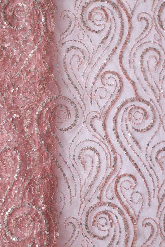 AIzaSyBcstauz-XMPRhEY21AUzeo032pxrXB5Ug - Gorgeous Multi Sequins Geometric Embroidery On Pink Soft Net Fabric