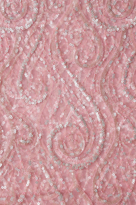 AIzaSyBcstauz-XMPRhEY21AUzeo032pxrXB5Ug - Gorgeous Multi Sequins Geometric Embroidery On Pink Soft Net Fabric