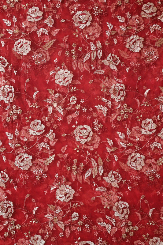 AIzaSyBcstauz-XMPRhEY21AUzeo032pxrXB5Ug - Heavy Floral Beige And Red Thread Work  Embroidery On Red Soft Net Fabric