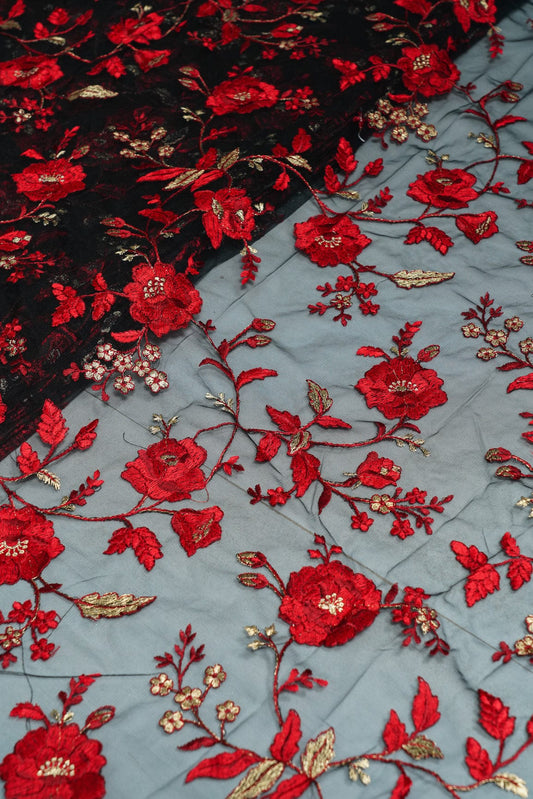 AIzaSyBcstauz-XMPRhEY21AUzeo032pxrXB5Ug - Heavy Floral Red Thread Work  Embroidery On  Black Soft Net Fabric