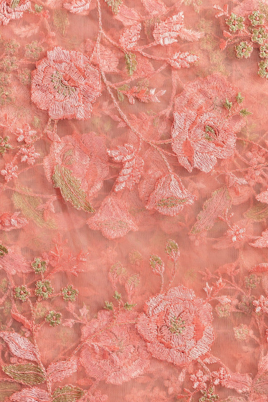 AIzaSyBcstauz-XMPRhEY21AUzeo032pxrXB5Ug - Heavy Floral Thread Work  Embroidery On Baby Pink Soft Net Fabric