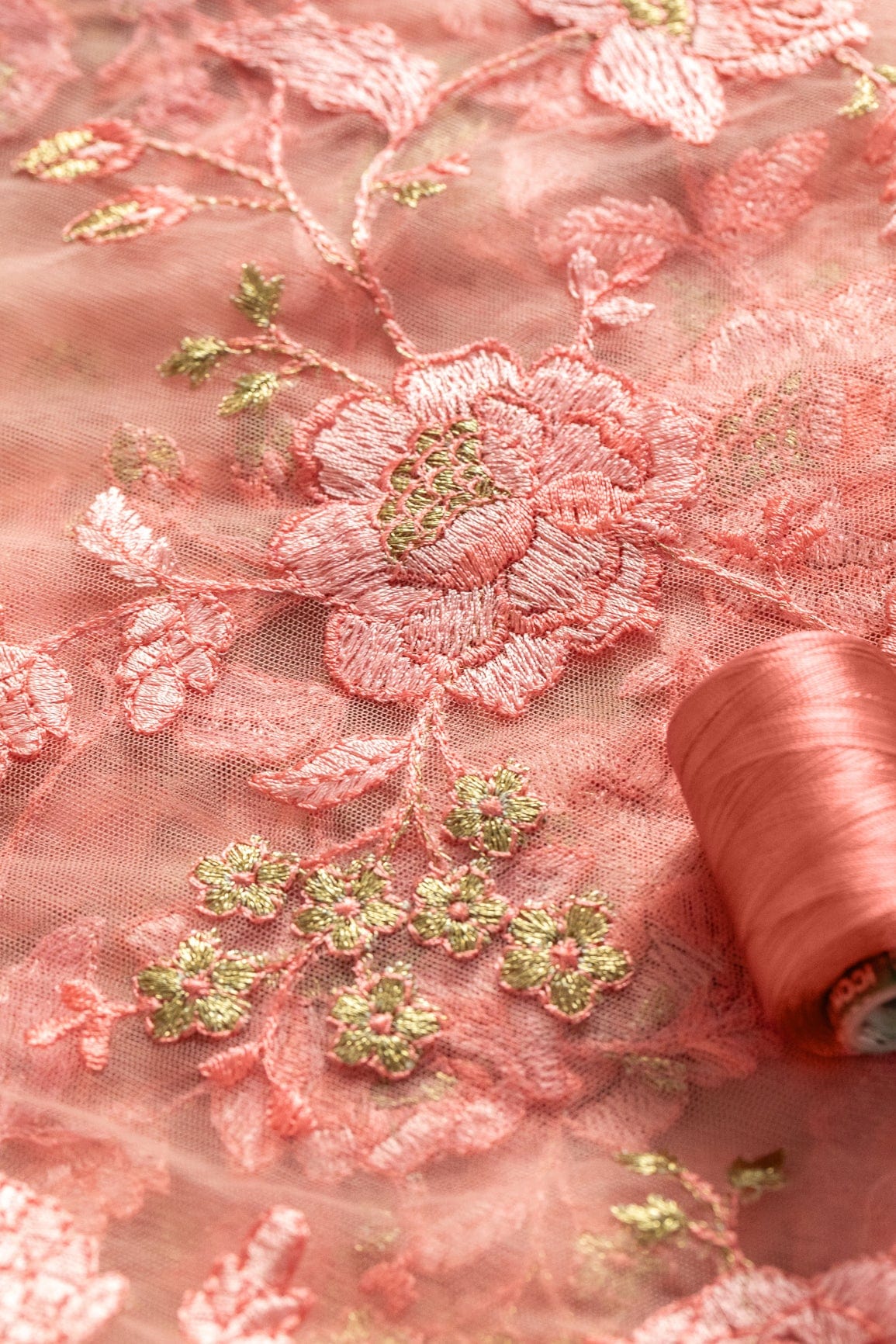 AIzaSyBcstauz-XMPRhEY21AUzeo032pxrXB5Ug - Heavy Floral Thread Work  Embroidery On Baby Pink Soft Net Fabric