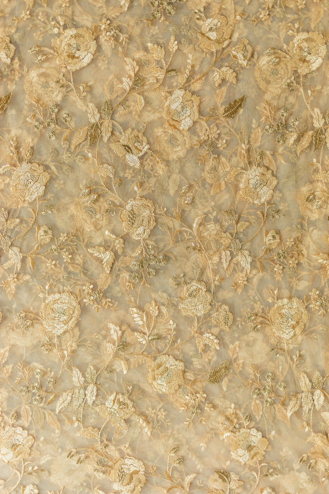 AIzaSyBcstauz-XMPRhEY21AUzeo032pxrXB5Ug - Heavy Floral Thread Work  Embroidery On Beige Soft Net Fabric