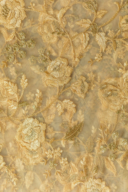 AIzaSyBcstauz-XMPRhEY21AUzeo032pxrXB5Ug - Heavy Floral Thread Work  Embroidery On Beige Soft Net Fabric