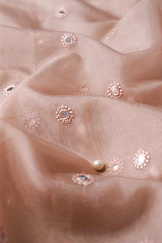 AIzaSyBcstauz-XMPRhEY21AUzeo032pxrXB5Ug - Light Brown Thread With Foil Mirror Work Small Motif Embroidery On Light Brown Organza Fabric