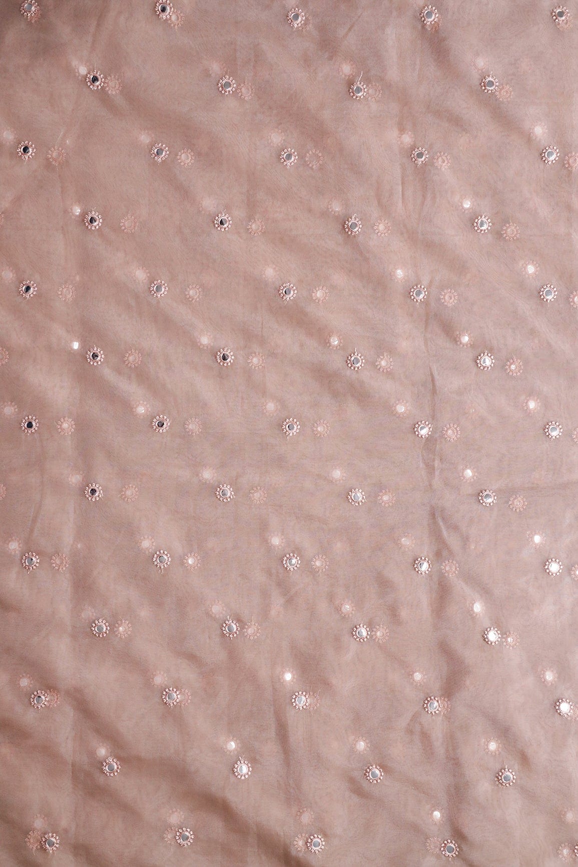 AIzaSyBcstauz-XMPRhEY21AUzeo032pxrXB5Ug - Light Brown Thread With Foil Mirror Work Small Motif Embroidery On Light Brown Organza Fabric