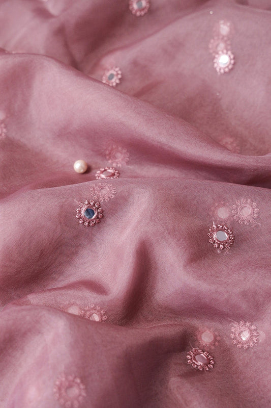 Mauve Thread With Foil Mirror Work Small Motif Embroidery On Mauve Organza Fabric