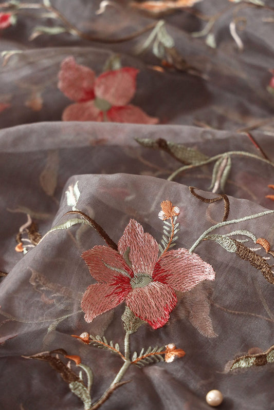 Multi Thread Floral Embroidery Work On Grey Organza Fabric