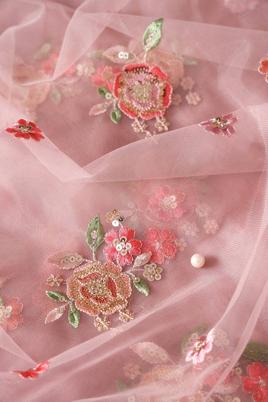 Multi Thread With Gold Sequins Small Floral Embroidery On Dusty Pink Soft Net Fabric