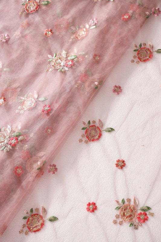 Multi Thread With Gold Sequins Small Floral Embroidery On Dusty Pink Soft Net Fabric