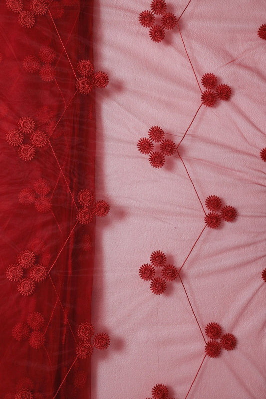 Red Color Thread Geometric Embroidery Work On Red Soft Net Fabric