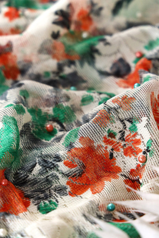 Teal And Orange Floral Digital Print With Pearls On Net Fabric
