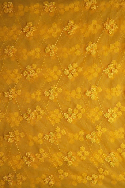 Yellow Color Thread Geometric Embroidery Work On Yellow Soft Net Fabric