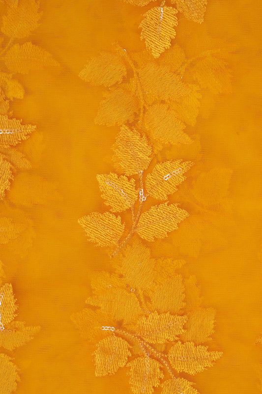 Yellow Ochre Thread With Sequins Leafy Embroidery Work On Yellow Ochre Soft Net Fabric