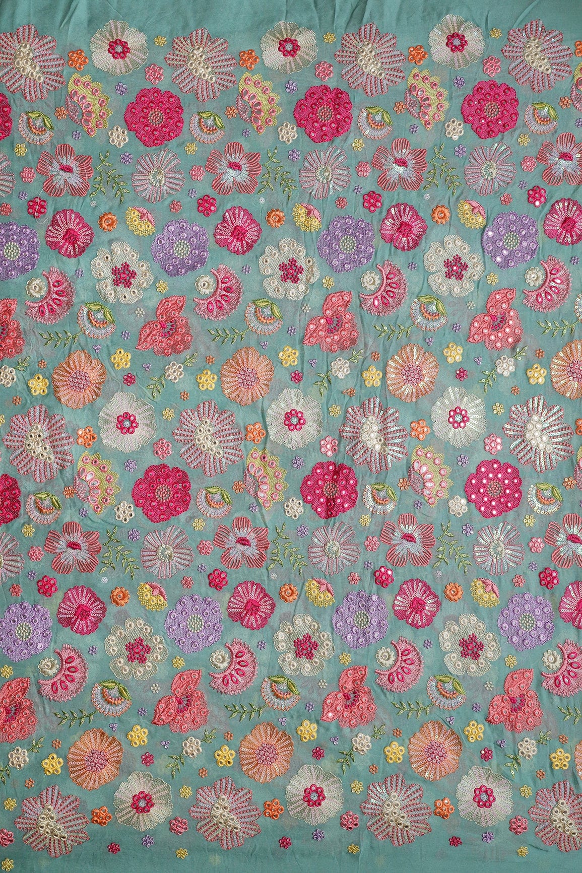 AIzaSyBcstauz-XMPRhEY21AUzeo032pxrXB5Ug - Exclusive Floral Designer Embroidery With Faux Mirror On Teal Viscose Georgette Fabric