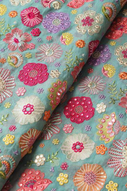 AIzaSyBcstauz-XMPRhEY21AUzeo032pxrXB5Ug - Exclusive Floral Designer Embroidery With Faux Mirror On Teal Viscose Georgette Fabric