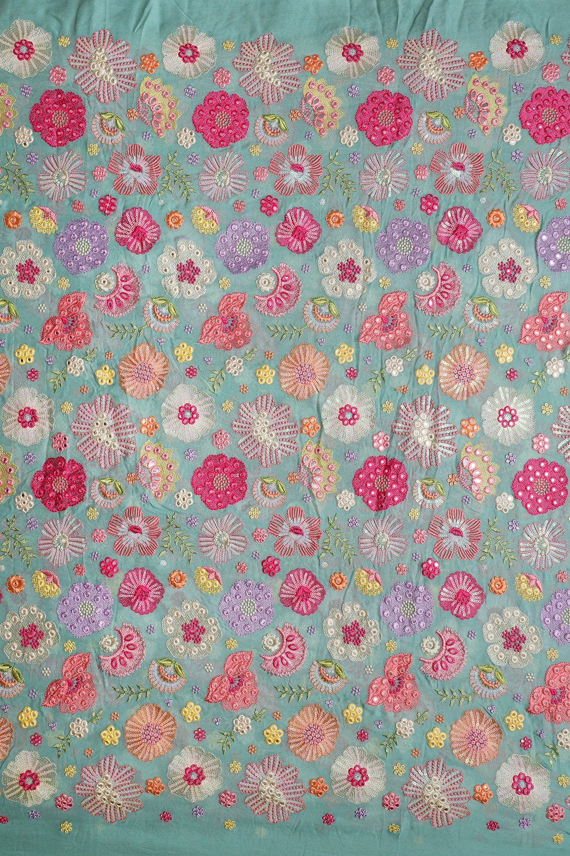 AIzaSyBcstauz-XMPRhEY21AUzeo032pxrXB5Ug - Exclusive Floral Designer Embroidery With Faux Mirror On Teal Viscose Georgette Fabric