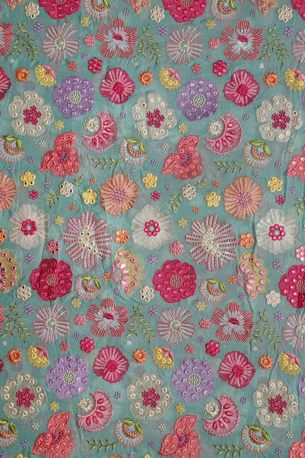 AIzaSyBcstauz-XMPRhEY21AUzeo032pxrXB5Ug - Exclusive Floral Designer Embroidery With Faux Mirror On Teal Viscose Georgette Fabric