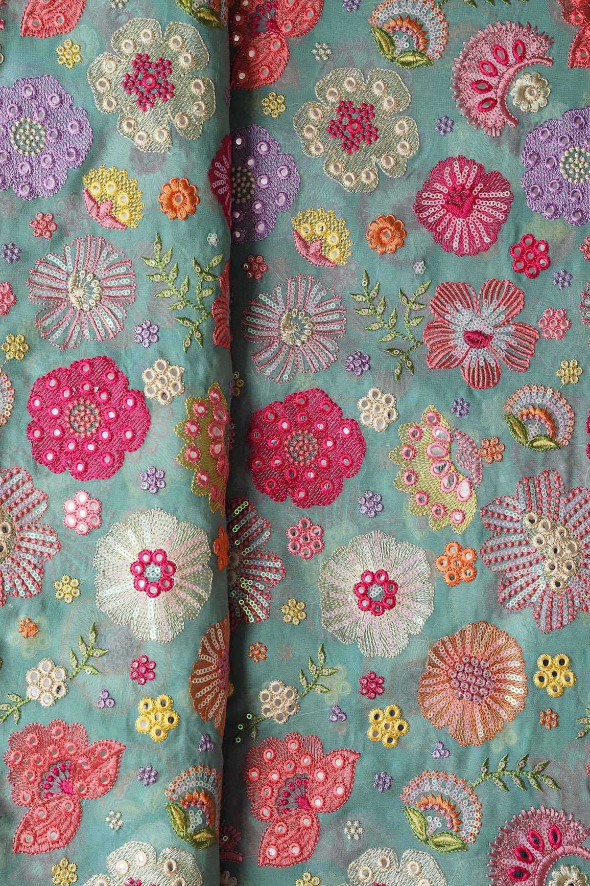 AIzaSyBcstauz-XMPRhEY21AUzeo032pxrXB5Ug - Exclusive Floral Designer Embroidery With Faux Mirror On Teal Viscose Georgette Fabric