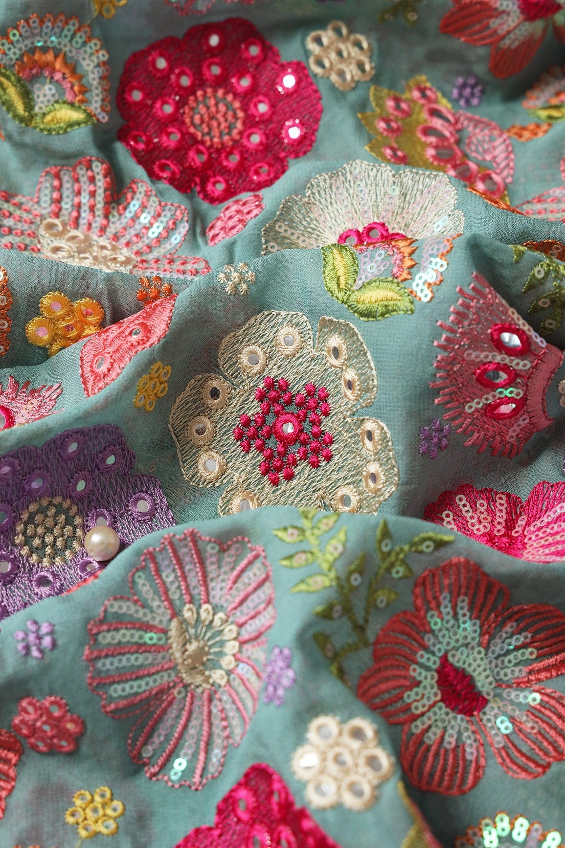 AIzaSyBcstauz-XMPRhEY21AUzeo032pxrXB5Ug - Exclusive Floral Designer Embroidery With Faux Mirror On Teal Viscose Georgette Fabric