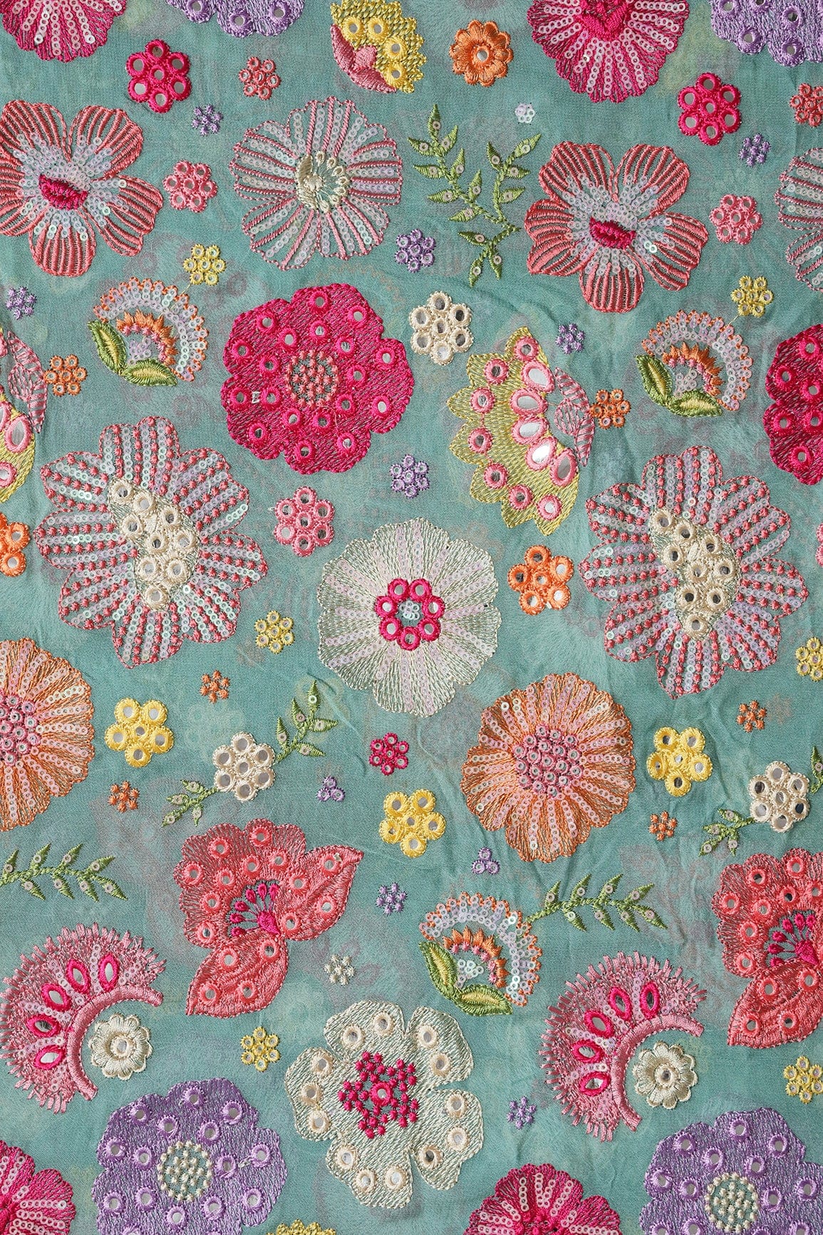 AIzaSyBcstauz-XMPRhEY21AUzeo032pxrXB5Ug - Exclusive Floral Designer Embroidery With Faux Mirror On Teal Viscose Georgette Fabric