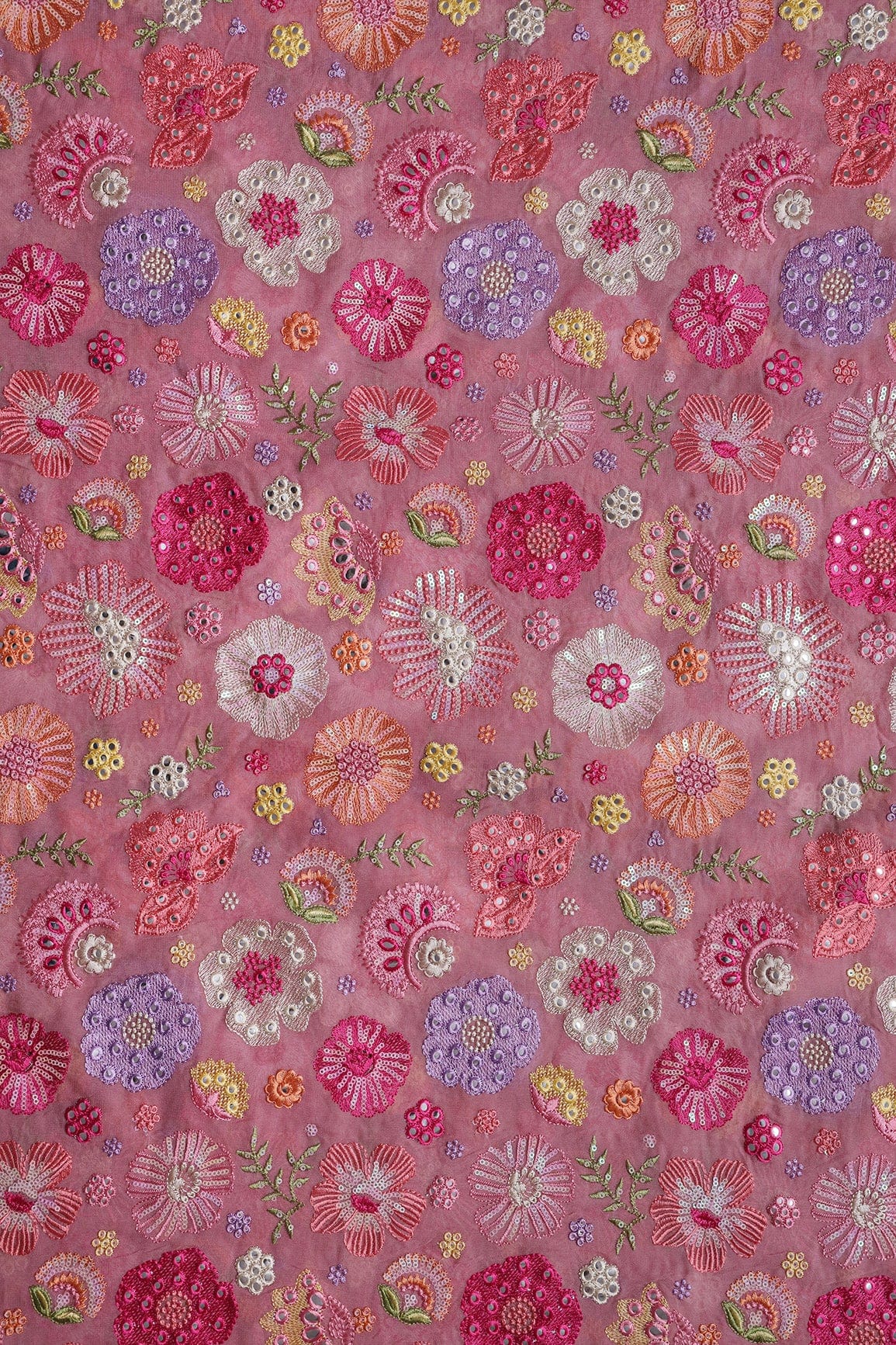 AIzaSyBcstauz-XMPRhEY21AUzeo032pxrXB5Ug - Exclusive Floral Designer Embroidery With Faux Mirror On Thulian Pink Viscose Georgette Fabric