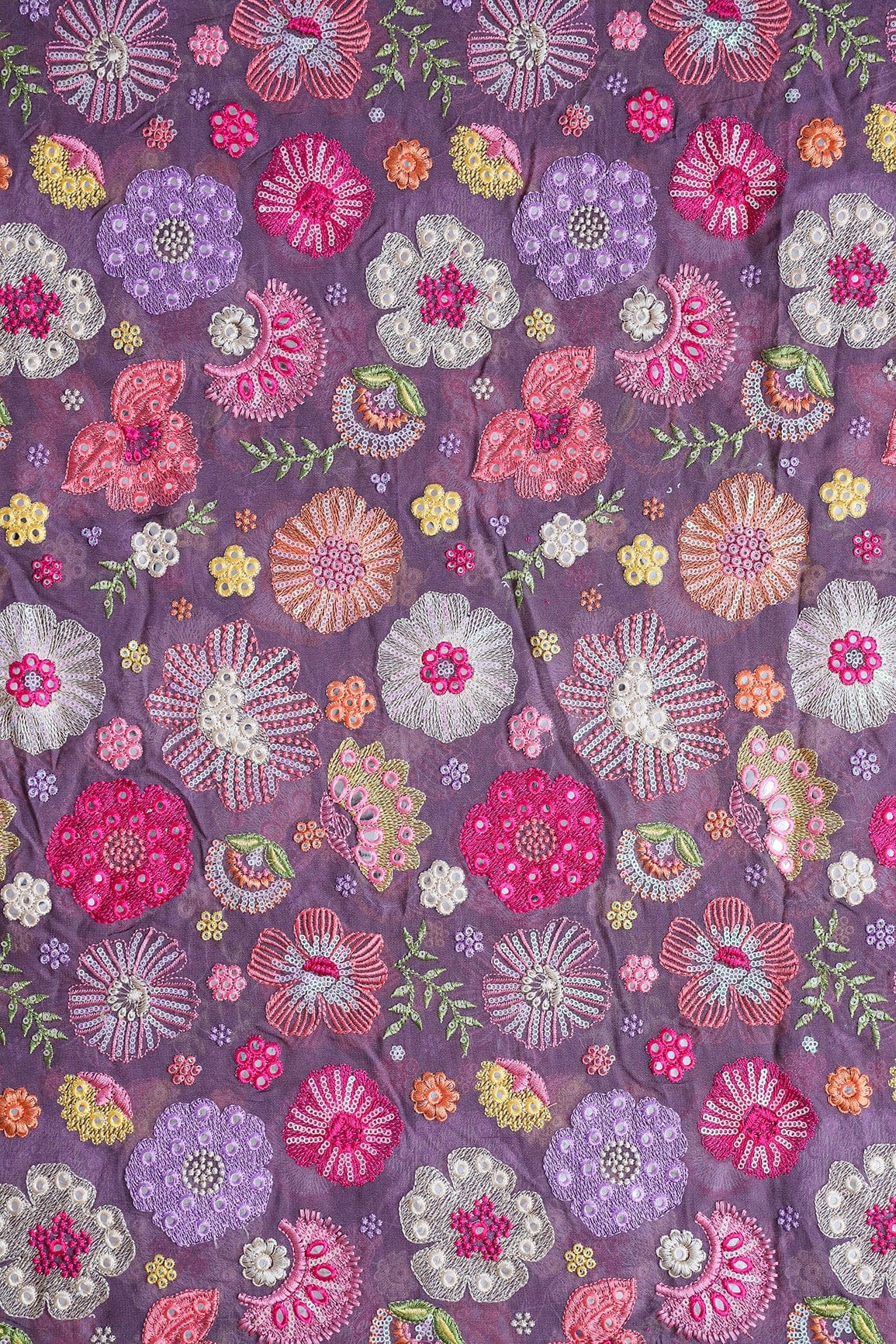 AIzaSyBcstauz-XMPRhEY21AUzeo032pxrXB5Ug - Exclusive Floral Designer Embroidery With Faux Mirror On Viola Purple Viscose Georgette Fabric