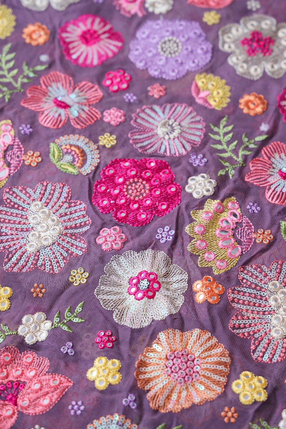AIzaSyBcstauz-XMPRhEY21AUzeo032pxrXB5Ug - Exclusive Floral Designer Embroidery With Faux Mirror On Viola Purple Viscose Georgette Fabric