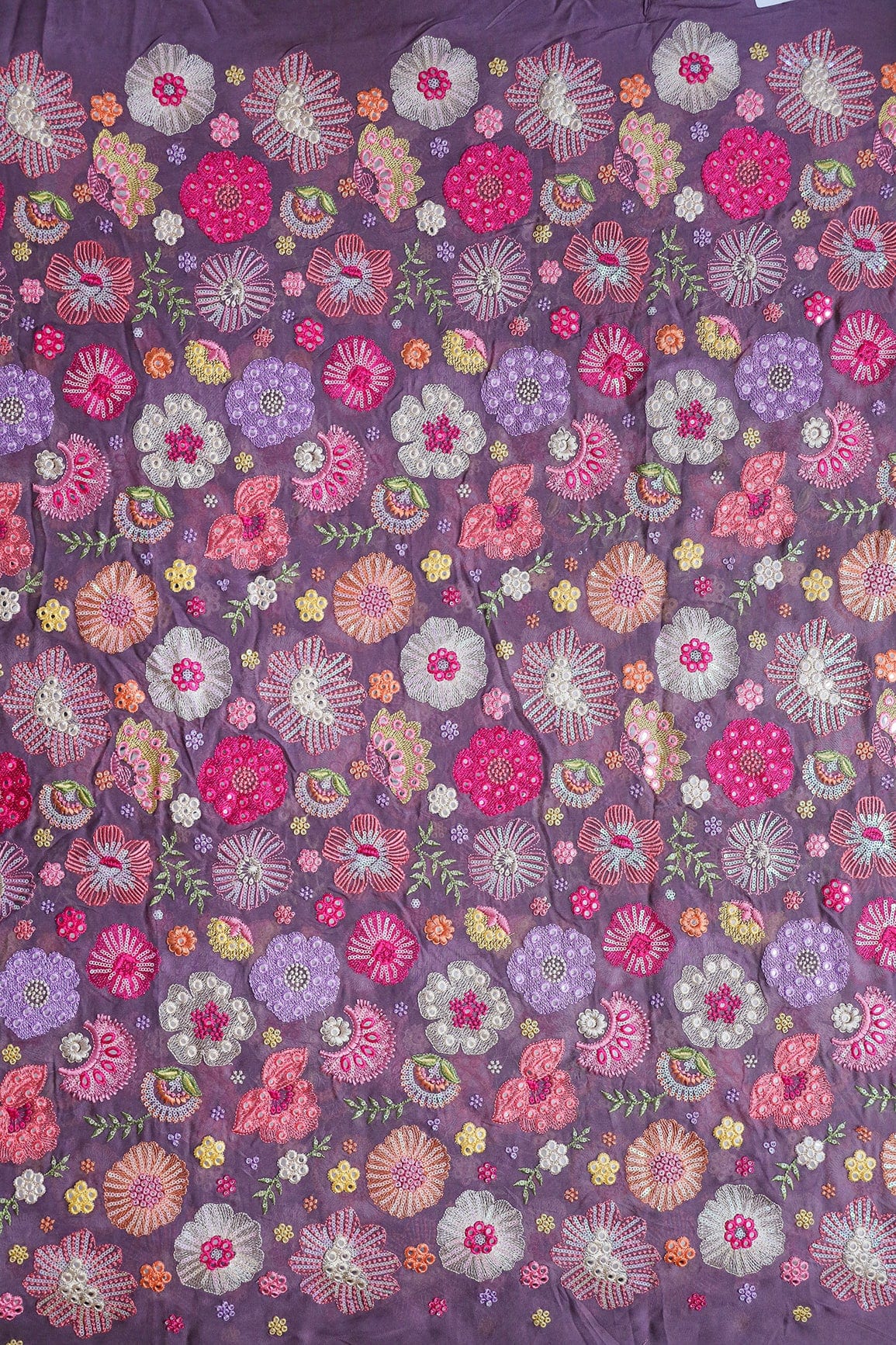 AIzaSyBcstauz-XMPRhEY21AUzeo032pxrXB5Ug - Exclusive Floral Designer Embroidery With Faux Mirror On Viola Purple Viscose Georgette Fabric
