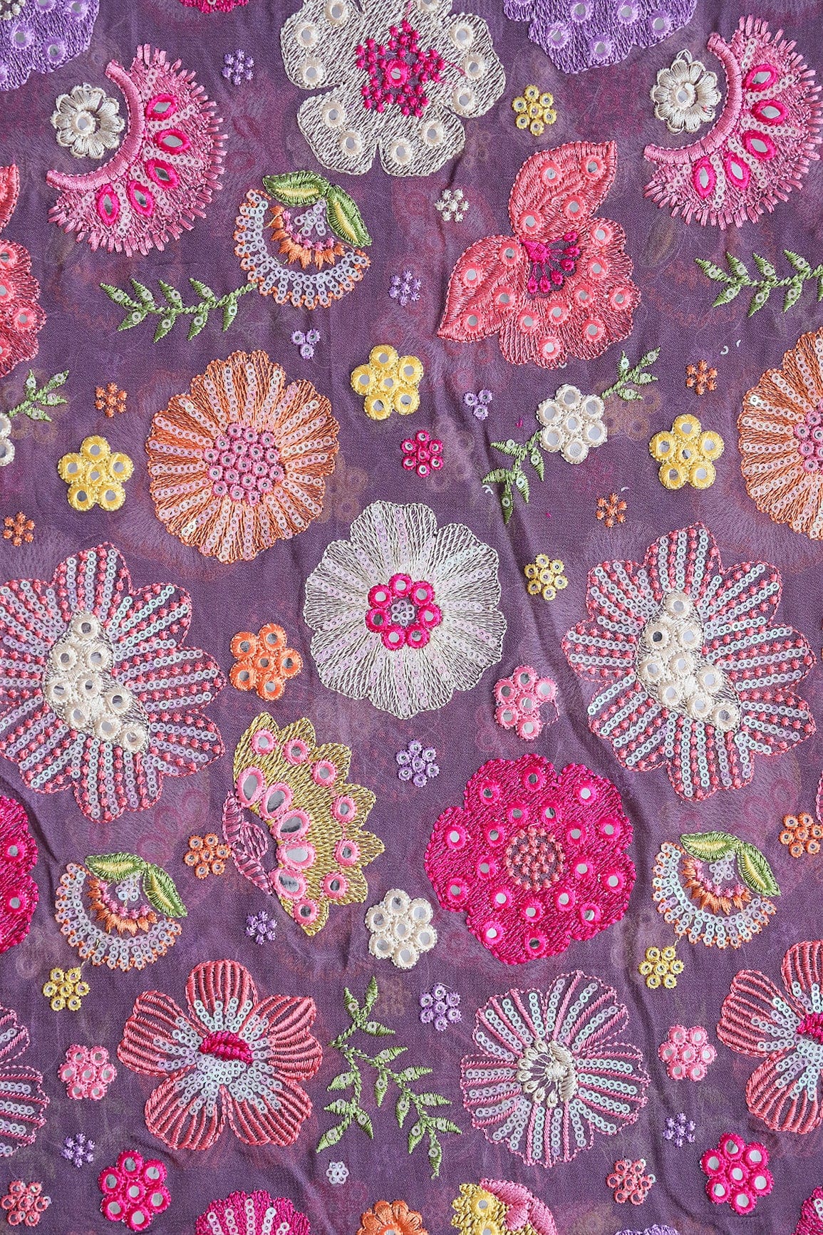 AIzaSyBcstauz-XMPRhEY21AUzeo032pxrXB5Ug - Exclusive Floral Designer Embroidery With Faux Mirror On Viola Purple Viscose Georgette Fabric