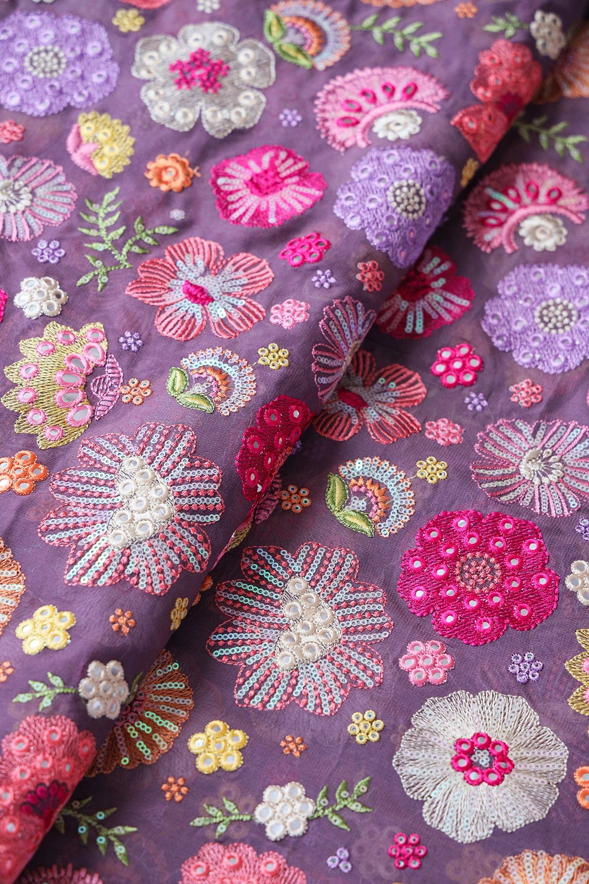 AIzaSyBcstauz-XMPRhEY21AUzeo032pxrXB5Ug - Exclusive Floral Designer Embroidery With Faux Mirror On Viola Purple Viscose Georgette Fabric