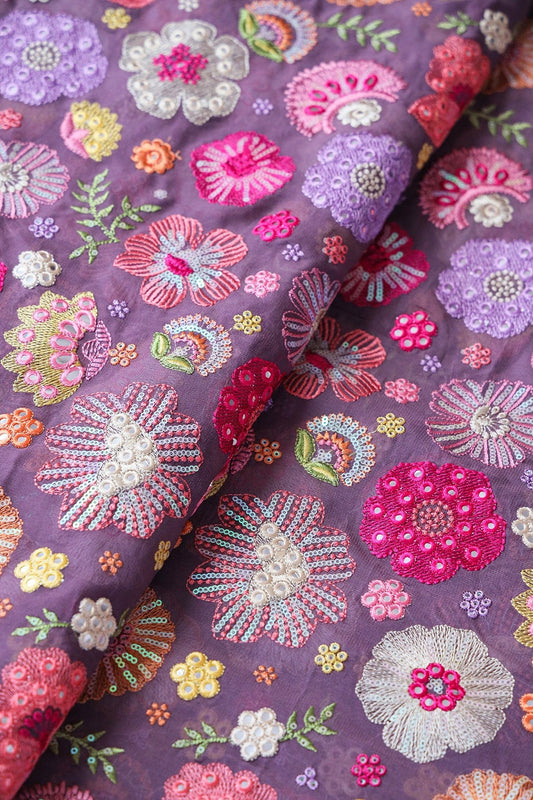 AIzaSyBcstauz-XMPRhEY21AUzeo032pxrXB5Ug - Exclusive Floral Designer Embroidery With Faux Mirror On Viola Purple Viscose Georgette Fabric