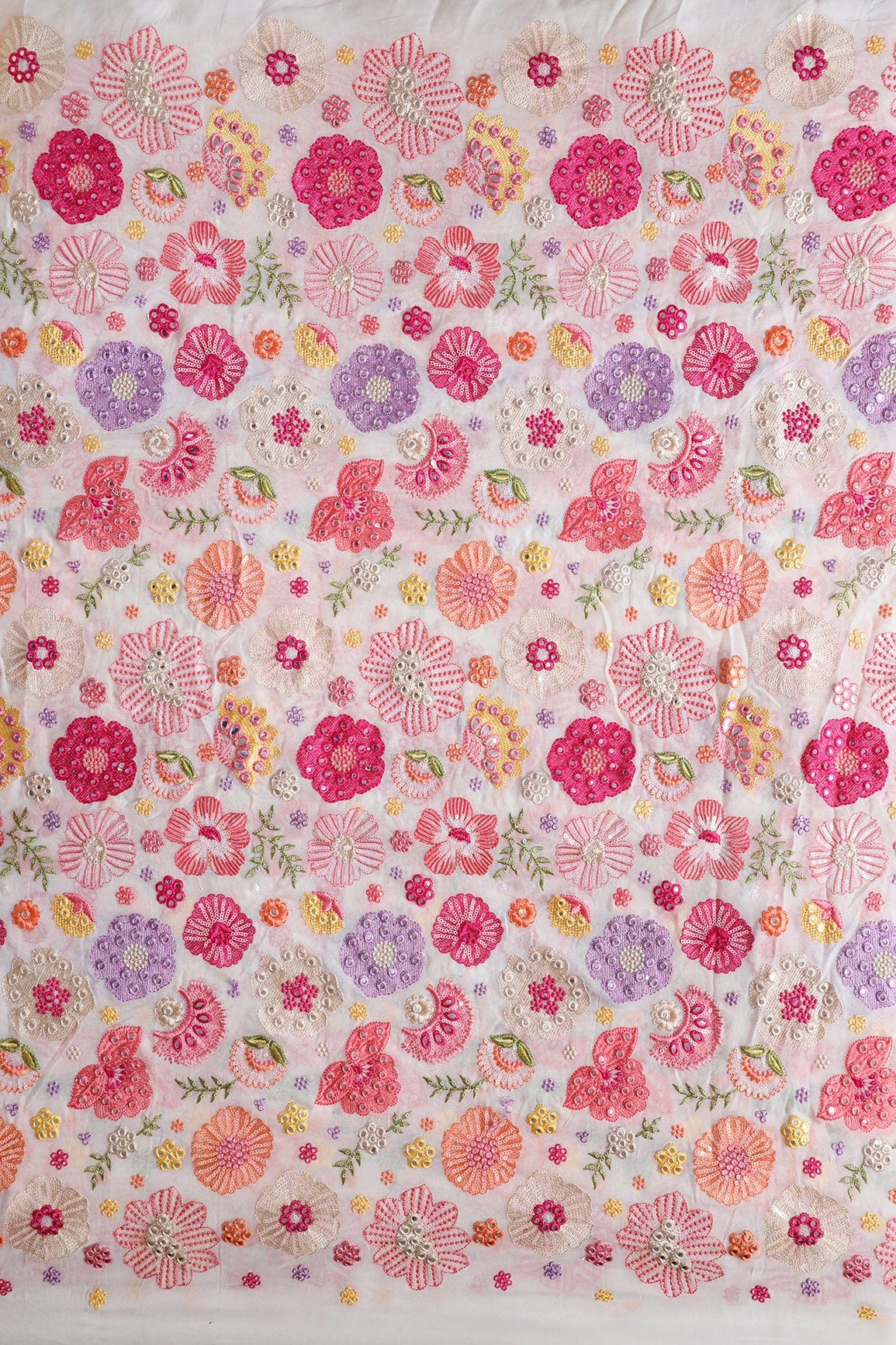 AIzaSyBcstauz-XMPRhEY21AUzeo032pxrXB5Ug - Exclusive Floral Designer Embroidery With Faux Mirror On White Viscose Georgette Fabric