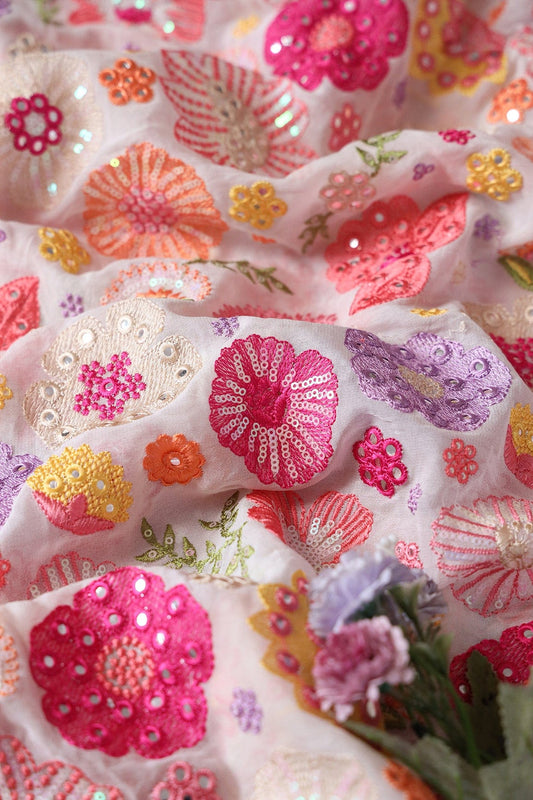 AIzaSyBcstauz-XMPRhEY21AUzeo032pxrXB5Ug - Exclusive Floral Designer Embroidery With Faux Mirror On White Viscose Georgette Fabric