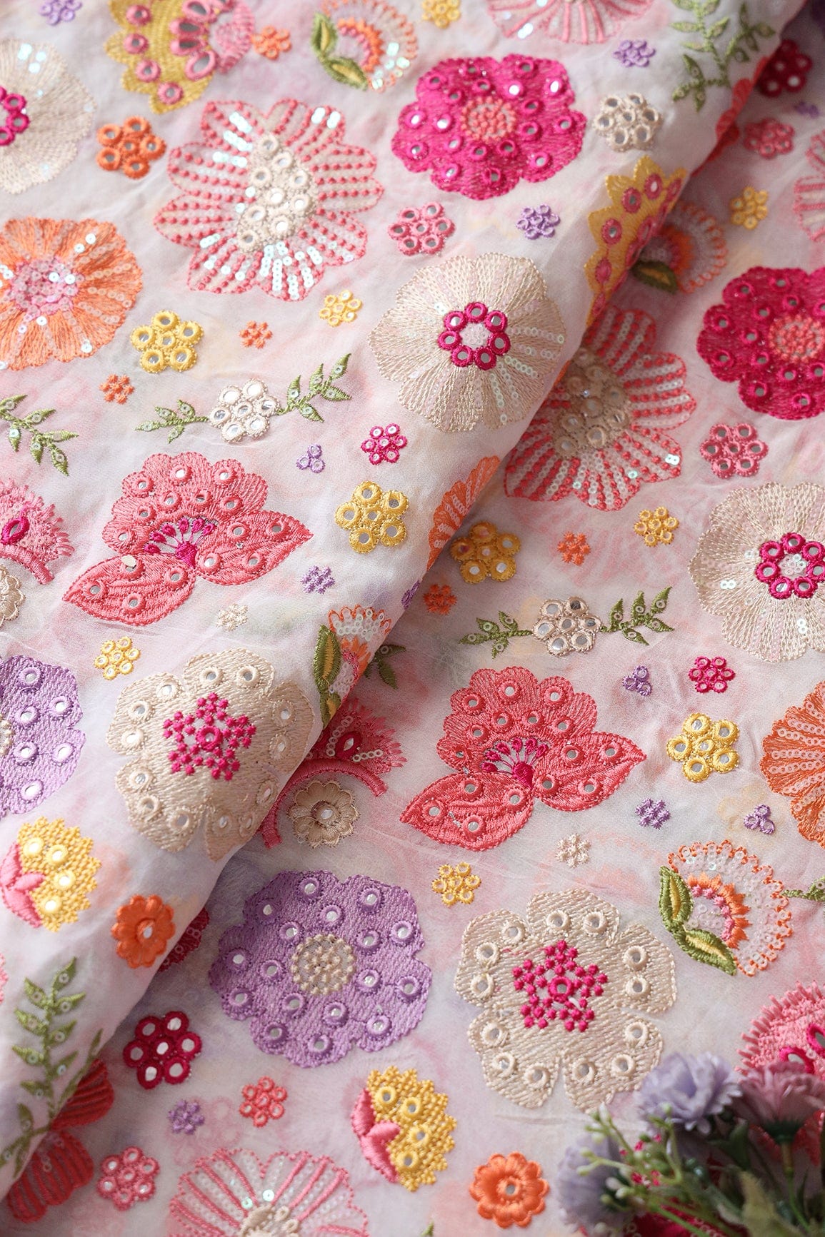 AIzaSyBcstauz-XMPRhEY21AUzeo032pxrXB5Ug - Exclusive Floral Designer Embroidery With Faux Mirror On White Viscose Georgette Fabric