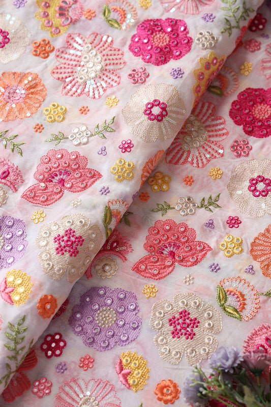 AIzaSyBcstauz-XMPRhEY21AUzeo032pxrXB5Ug - Exclusive Floral Designer Embroidery With Faux Mirror On White Viscose Georgette Fabric