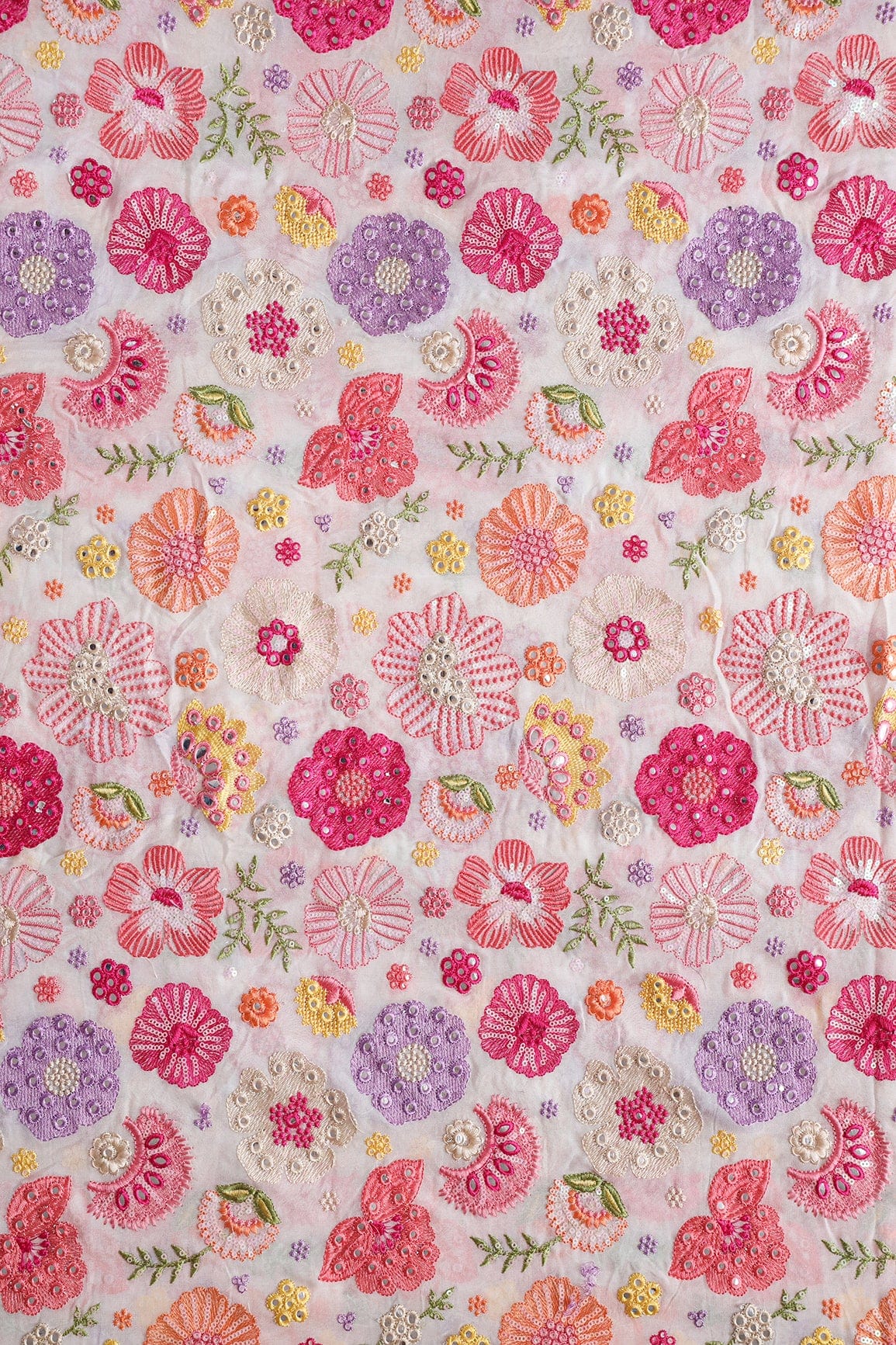 AIzaSyBcstauz-XMPRhEY21AUzeo032pxrXB5Ug - Exclusive Floral Designer Embroidery With Faux Mirror On White Viscose Georgette Fabric