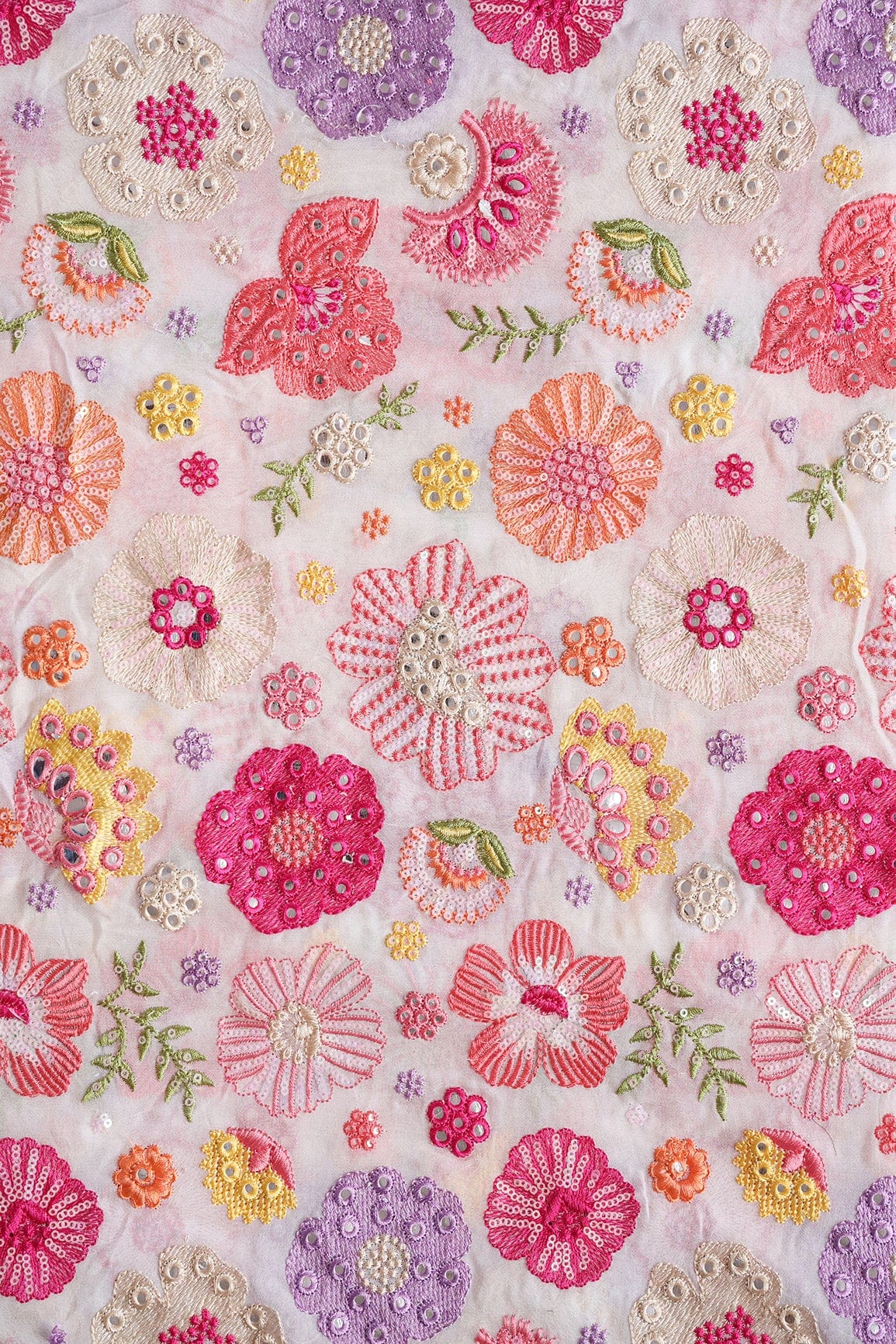 AIzaSyBcstauz-XMPRhEY21AUzeo032pxrXB5Ug - Exclusive Floral Designer Embroidery With Faux Mirror On White Viscose Georgette Fabric