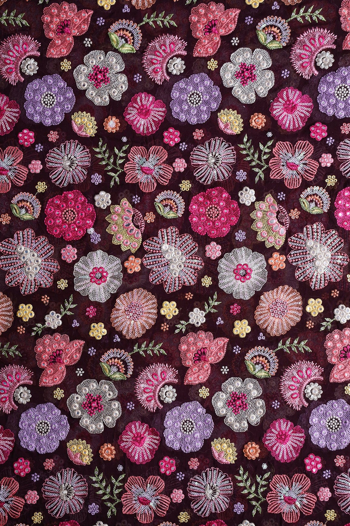 AIzaSyBcstauz-XMPRhEY21AUzeo032pxrXB5Ug - Exclusive Floral Designer Embroidery With Faux Mirror On Wine Viscose Georgette Fabric