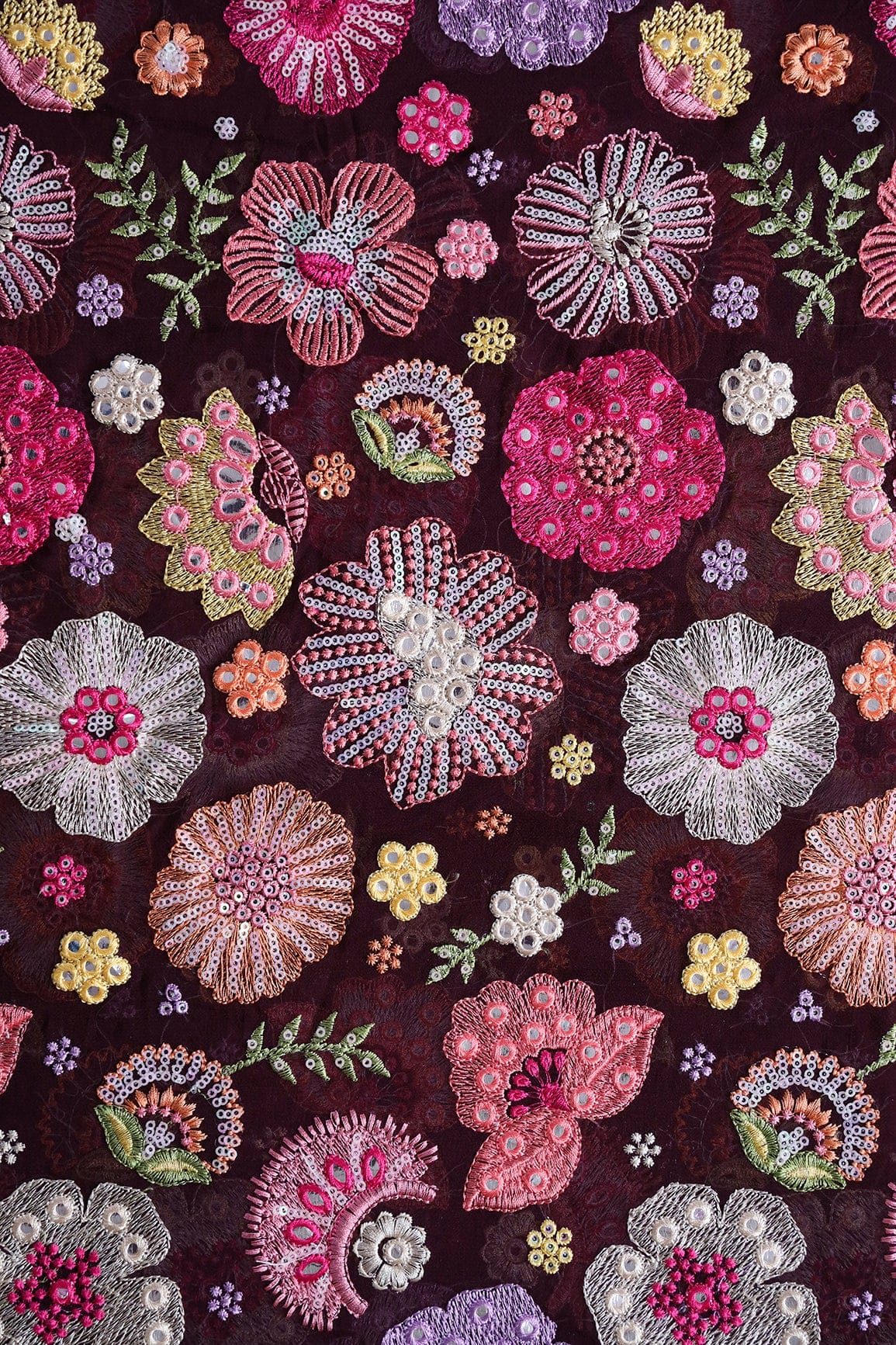 AIzaSyBcstauz-XMPRhEY21AUzeo032pxrXB5Ug - Exclusive Floral Designer Embroidery With Faux Mirror On Wine Viscose Georgette Fabric