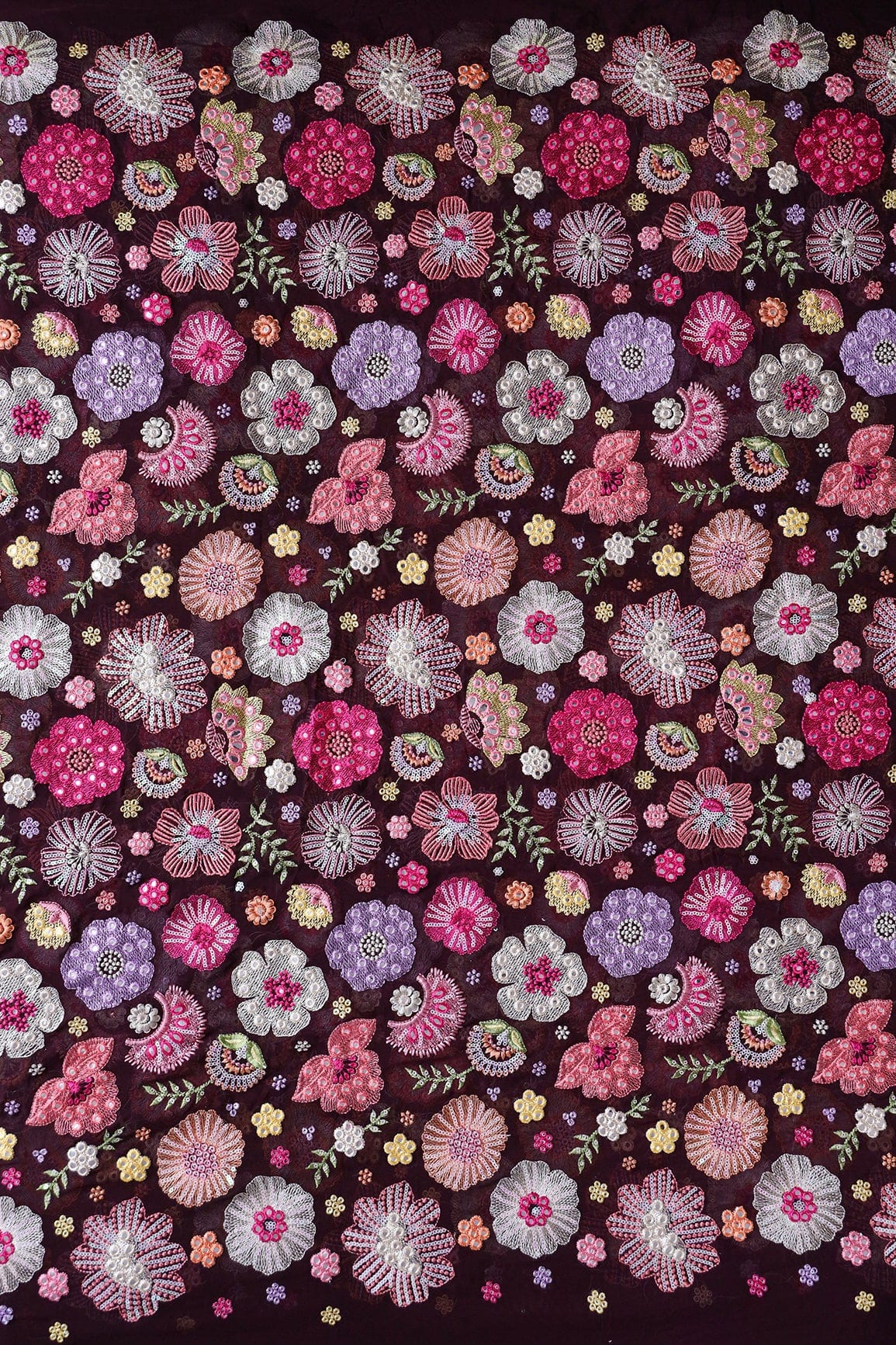AIzaSyBcstauz-XMPRhEY21AUzeo032pxrXB5Ug - Exclusive Floral Designer Embroidery With Faux Mirror On Wine Viscose Georgette Fabric
