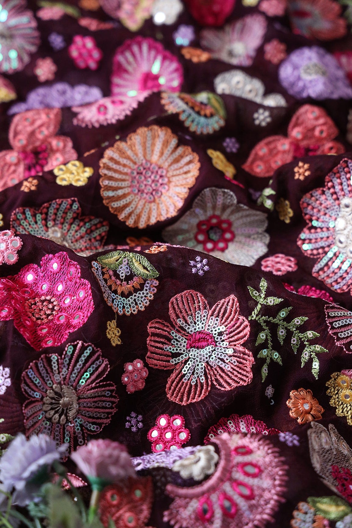 AIzaSyBcstauz-XMPRhEY21AUzeo032pxrXB5Ug - Exclusive Floral Designer Embroidery With Faux Mirror On Wine Viscose Georgette Fabric