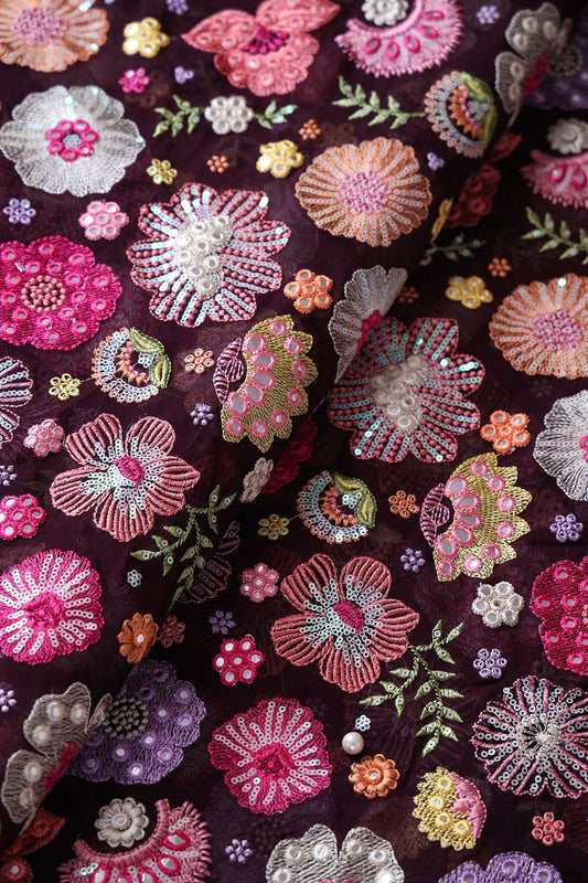 AIzaSyBcstauz-XMPRhEY21AUzeo032pxrXB5Ug - Exclusive Floral Designer Embroidery With Faux Mirror On Wine Viscose Georgette Fabric