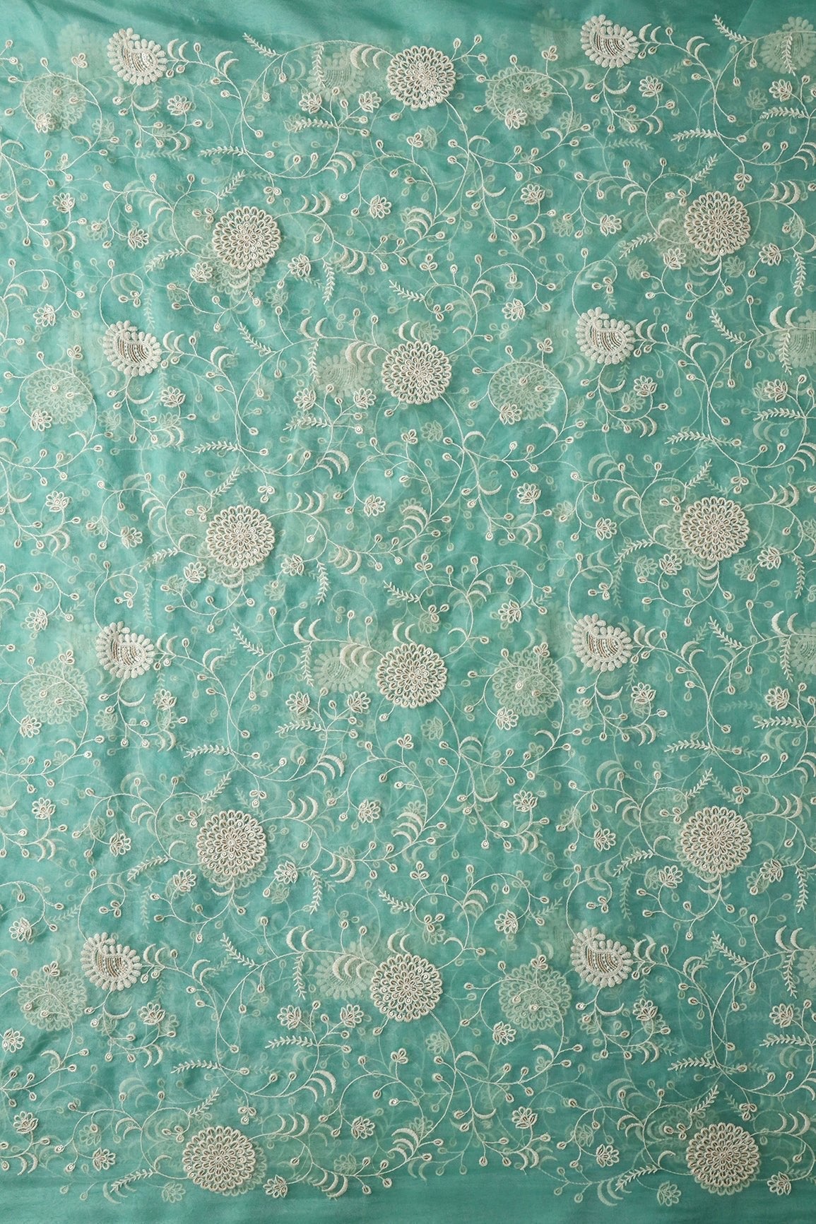 AIzaSyBcstauz-XMPRhEY21AUzeo032pxrXB5Ug - Exclusive Gold Matte Sequins With White Thread Floral Embroidery On Teal Organza Fabric