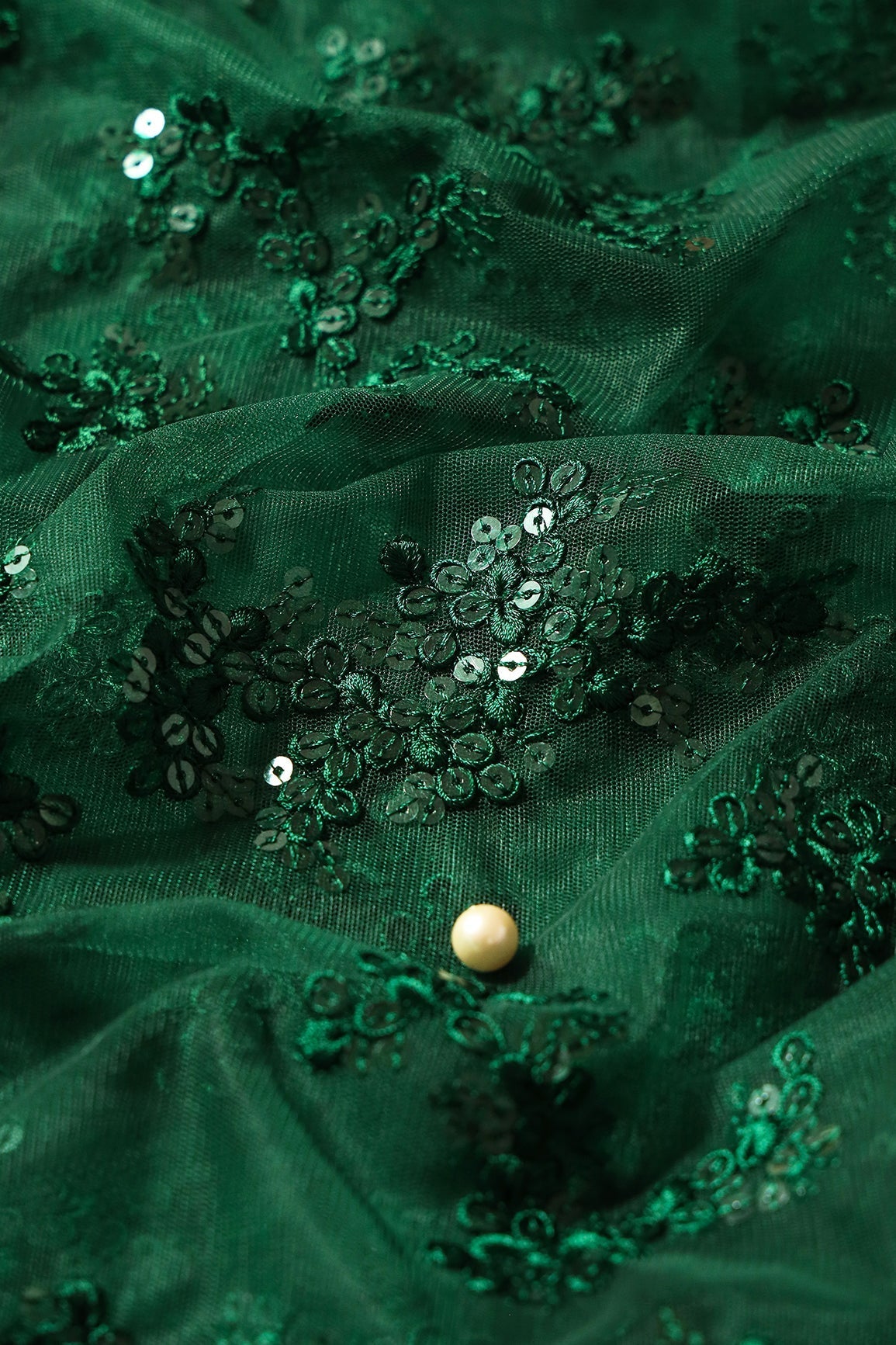 AIzaSyBcstauz-XMPRhEY21AUzeo032pxrXB5Ug - Exclusive Green Thread With Sequins Abstract Embroidery Work On Bottle Green Soft Net Fabric