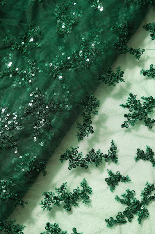 AIzaSyBcstauz-XMPRhEY21AUzeo032pxrXB5Ug - Exclusive Green Thread With Sequins Abstract Embroidery Work On Bottle Green Soft Net Fabric