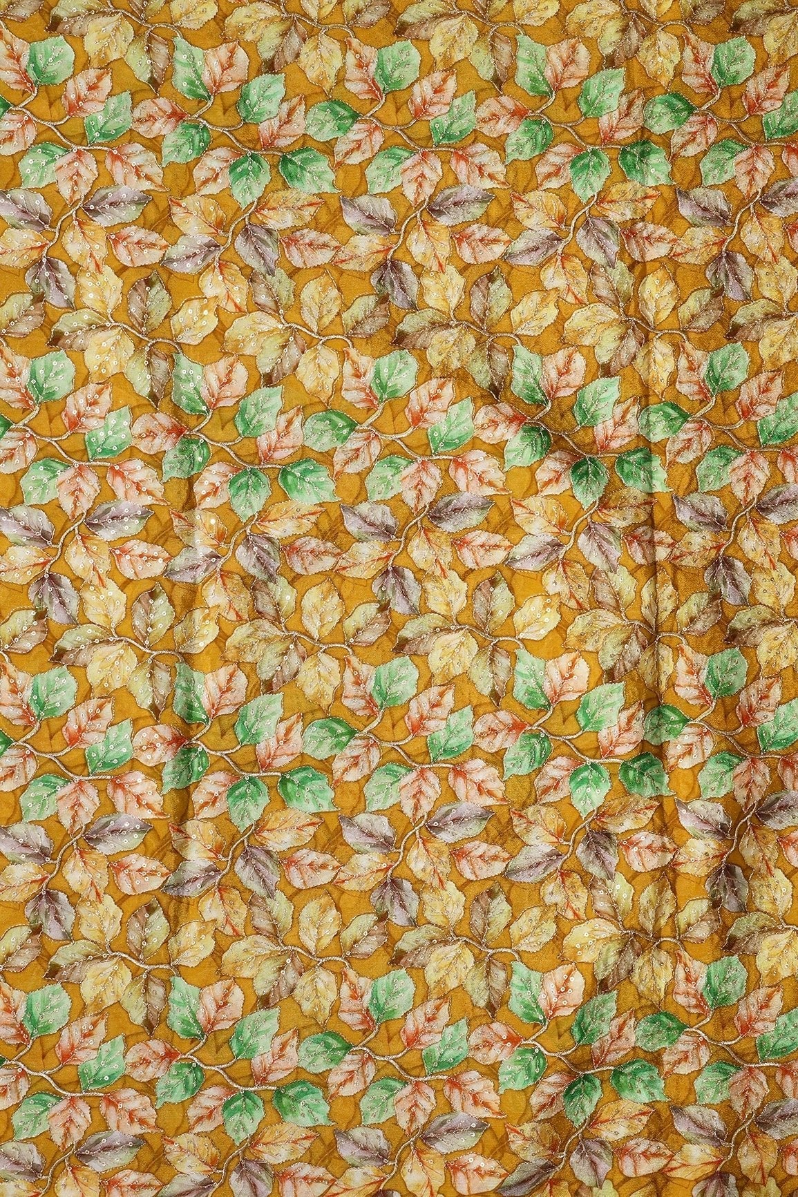 AIzaSyBcstauz-XMPRhEY21AUzeo032pxrXB5Ug - Exclusive Leafy Position Print On Sequins Embroidery Mustard Viscose Chinnon Chiffon Fabric